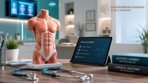 Modern plastic surgery clinic office with a stethoscope, male torso anatomical model, medical tablet, and Dr. Pushpendra Kanaujia logo, representing advanced cosmetic and reconstructive surgery services.